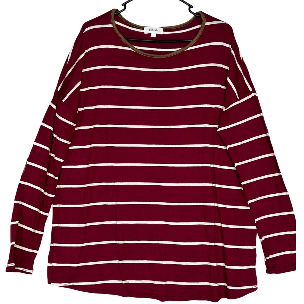 Hailey & Co Red Long Sleeved Blouse White Stripes Brown Elbow Patch Women L NWOT